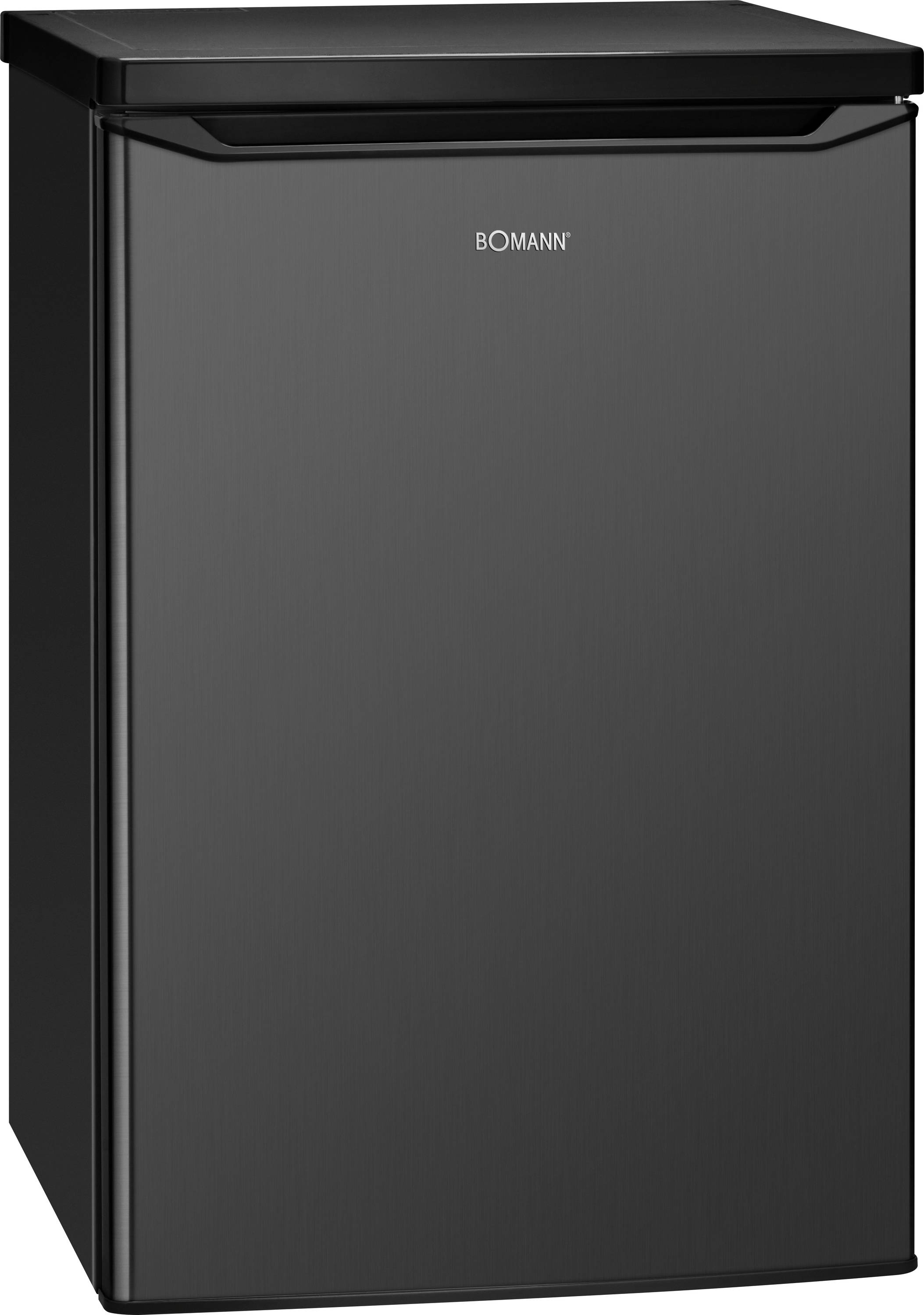 Réfrigérateur compact Bomann noir avec une seule porte avant, présenté fermé sur un fond blanc.