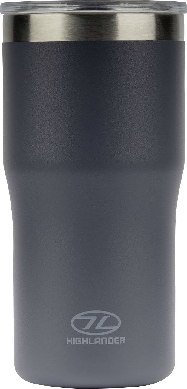 Une tasse de voyage gris foncé avec un rebord en acier inoxydable et un couvercle transparent, marquée « Highlander » au fond.