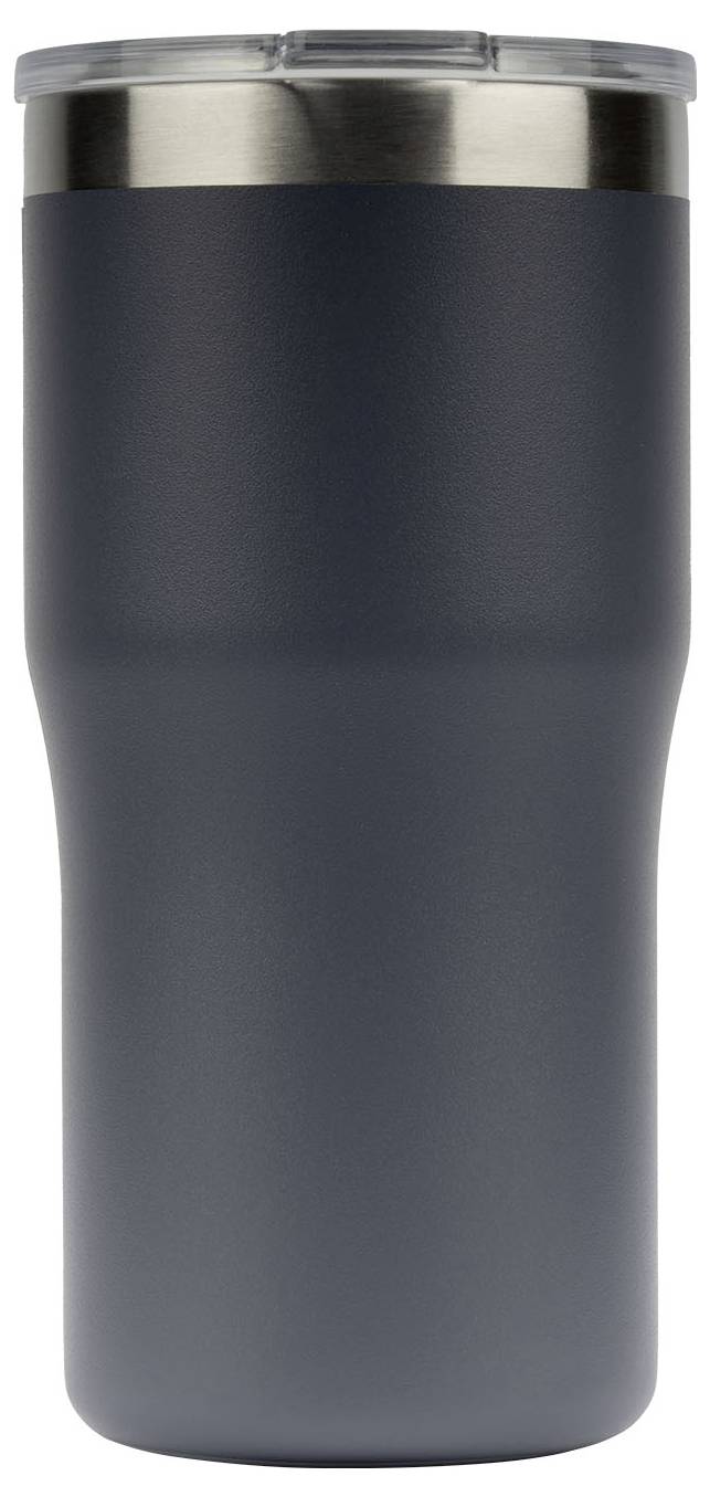 Un verre isotherme en acier inoxydable gris foncé avec un couvercle transparent, conçu pour garder les boissons chaudes ou froides.
