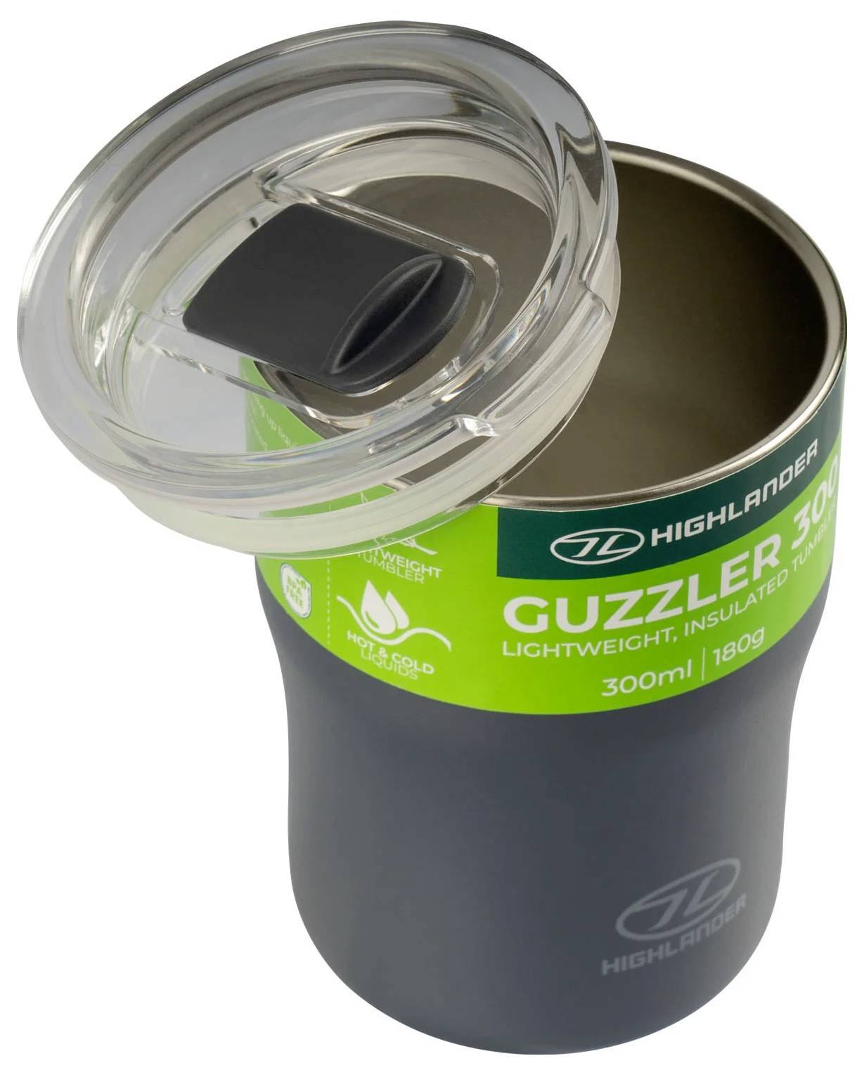 Un gobelet isotherme noir Highlander Guzzler avec un couvercle transparent ouvert, montrant l'intérieur. L'étiquette met en évidence « Léger » et « 300 ml ».