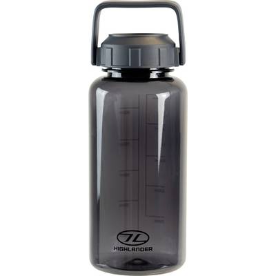 Une bouteille d'eau grise transparente avec un couvercle à vis et une poignée de transport. Le côté est équipé de graduations de mesure et d'un logo « Highlander ».