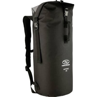 Un sac étanche noir Highlander Affric de 35 litres avec sangles de sac à dos, équipé d'une fermeture enroulable et de boucles de sécurisation.