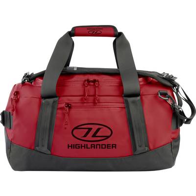 Un sac de voyage rouge et noir avec le logo « Highlander » sur le côté, doté de poignées robustes et de plusieurs compartiments à fermeture éclair.