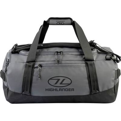 Un sac de voyage Highlander gris avec des sangles noires et un logo sur le côté. Il dispose de plusieurs compartiments zippés pour le rangement.