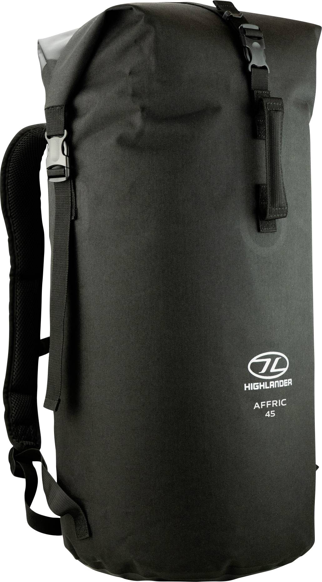 Sac à dos étanche noir « AFFRIC 45 » de Highlander, doté d'une fermeture par enroulement et de bretelles ajustables.