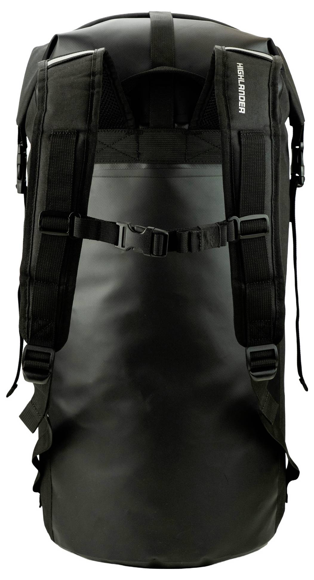 Un grand sac à dos noir imperméable avec des bretelles rembourrées, une boucle frontale et des sangles latérales pour une fixation sécurisée. Convient pour une utilisation en plein air.