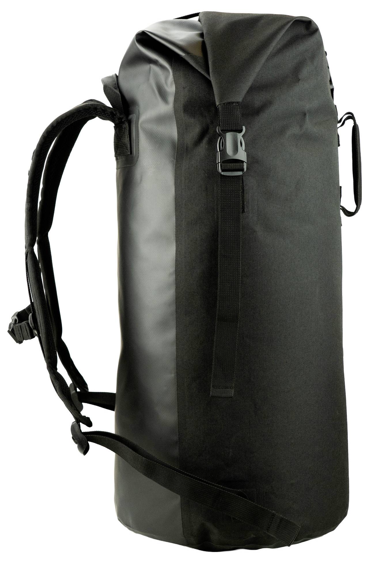 Un grand sac à dos cylindrique noir avec des bretelles d'épaule ajustables et des boucles latérales.