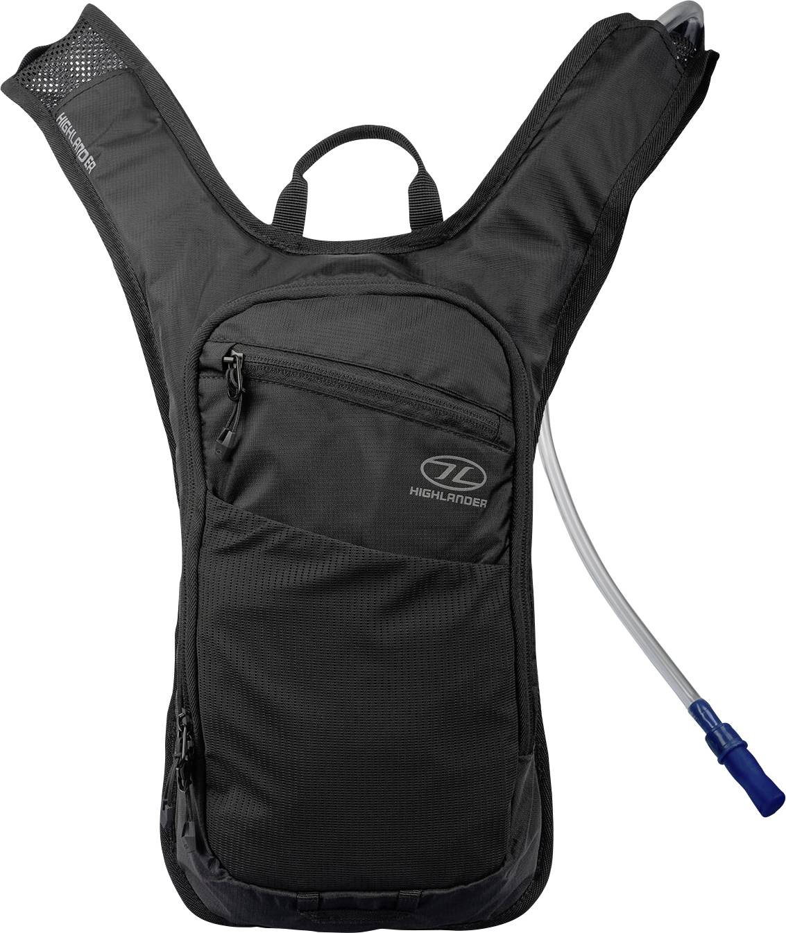 Un sac à dos d'hydratation noir avec une poche zippée avant et un tube de boisson s'étendant depuis le côté, adapté aux activités de plein air.