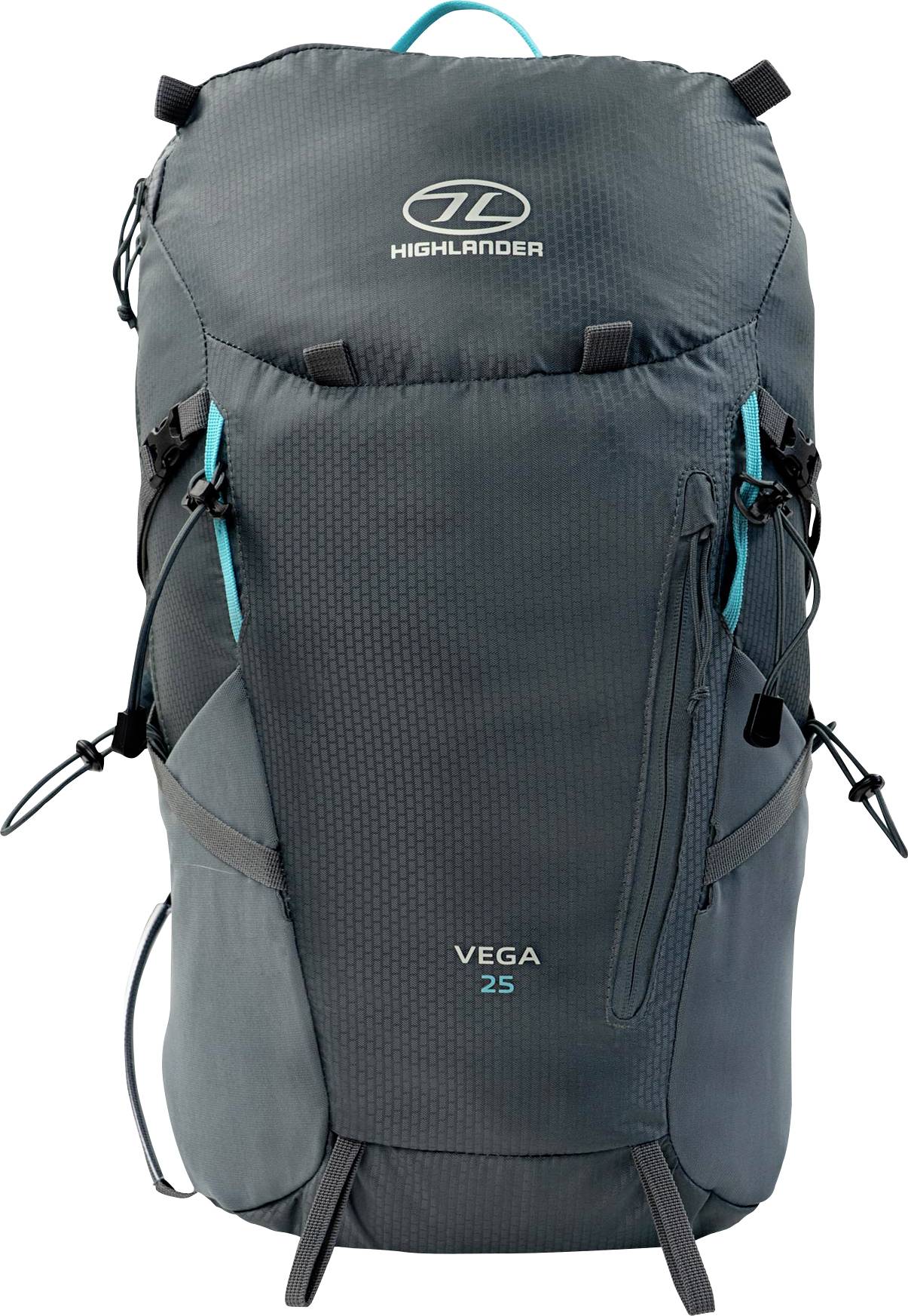 Un sac à dos de randonnée gris avec le logo Highlander et le texte « Vega 25 ». Il dispose de plusieurs compartiments et de sangles ajustables.