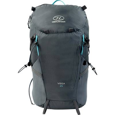 Un sac à dos de randonnée gris avec le logo Highlander et le texte « Vega 25 ». Il dispose de plusieurs compartiments et de sangles ajustables.