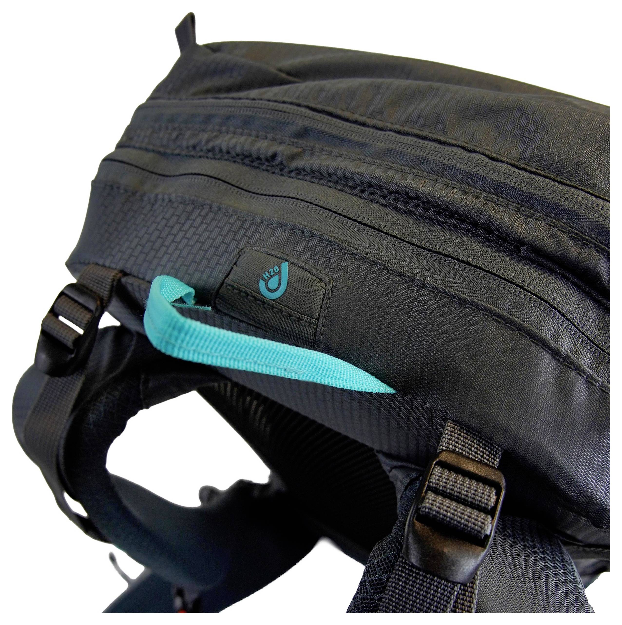 Un sac à dos noir avec une tirette de fermeture éclair turquoise, présentant un tissu robuste et des bretelles ajustables, sur un fond blanc.