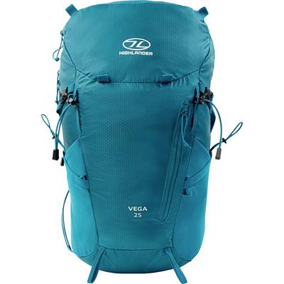 Sac à dos bleu avec le logo de la marque « Highlander », nom du modèle « Vega 25 » sur l'avant. Plusieurs poches zippées et des sangles ajustables.