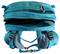 Un sac à dos de couleur bleu-vert avec deux compartiments principaux ouverts, des fermetures éclair visibles, des bretelles rembourrées et une petite pince, montrant son intérieur spacieux.