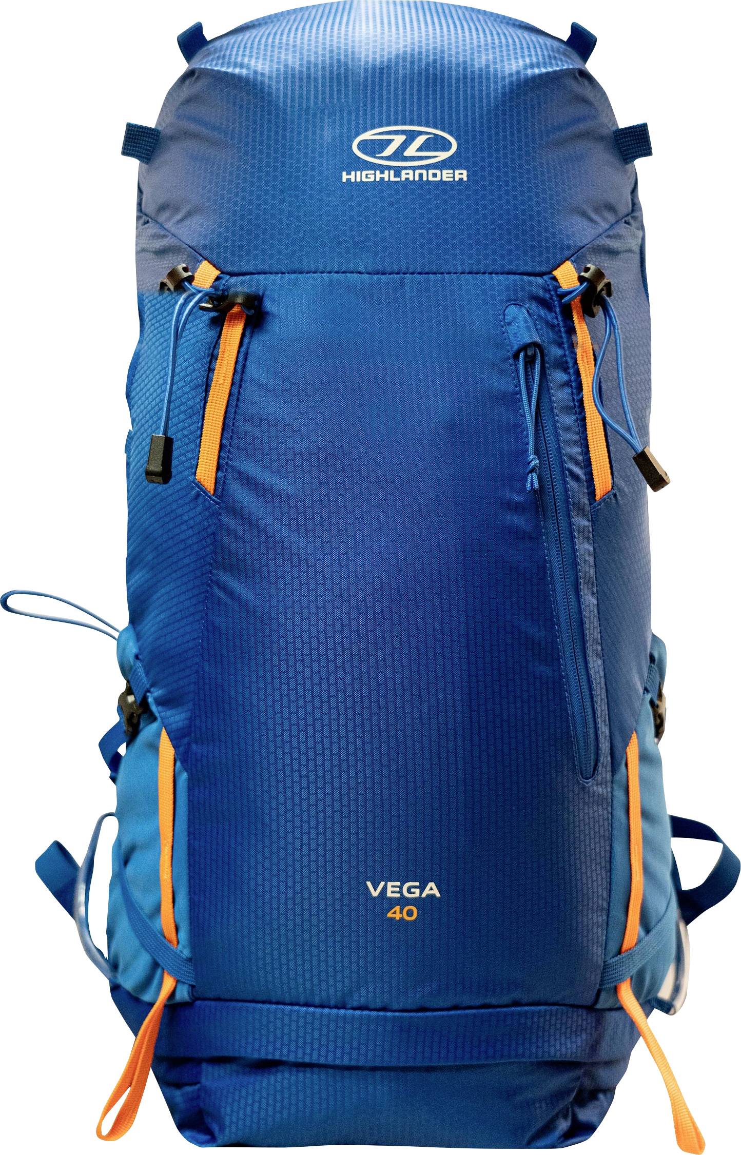 Un sac à dos de randonnée bleu avec des accents orange, comportant plusieurs compartiments à fermeture éclair. La marque « Highlander » et le modèle « Vega 40 » sont visibles.