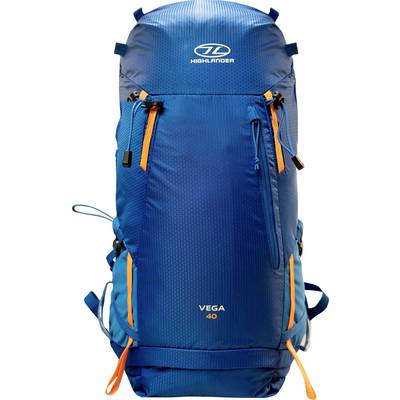 Un sac à dos de randonnée bleu avec des accents orange, comportant plusieurs compartiments à fermeture éclair. La marque « Highlander » et le modèle « Vega 40 » sont visibles.