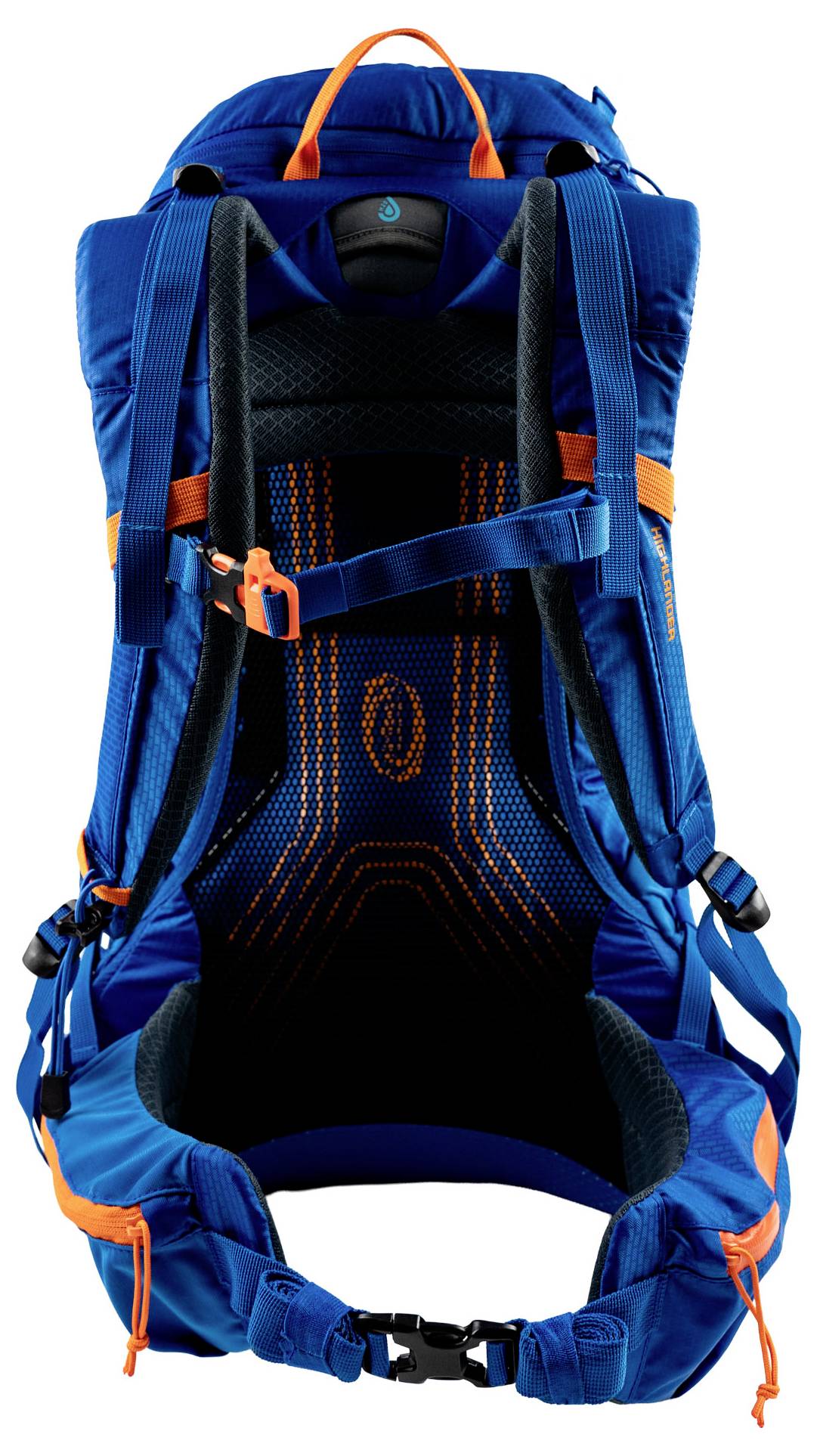Un sac à dos bleu avec des détails orange, doté de sangles ajustables et d'un panneau dorsal respirant, conçu pour la randonnée et l'utilisation en plein air.