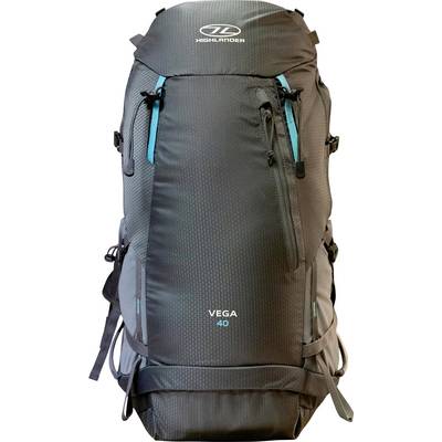 Un sac à dos « Highlander Vega 40 » noir et bleu-canard avec plusieurs fermetures éclair et compartiments, conçu pour la randonnée et les activités de plein air.