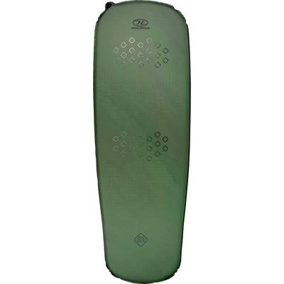 « Matelas de couchage gonflable vert avec motifs géométriques et logo de marque près du haut et du bas. »