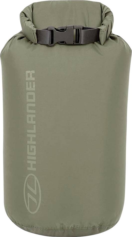 Un sac étanche vert avec fermeture à boucle, portant le mot « Highlander » sur le côté.