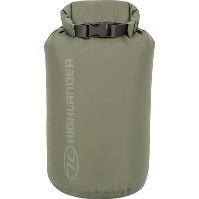 Un sac étanche vert avec fermeture à boucle, portant le mot « Highlander » sur le côté.