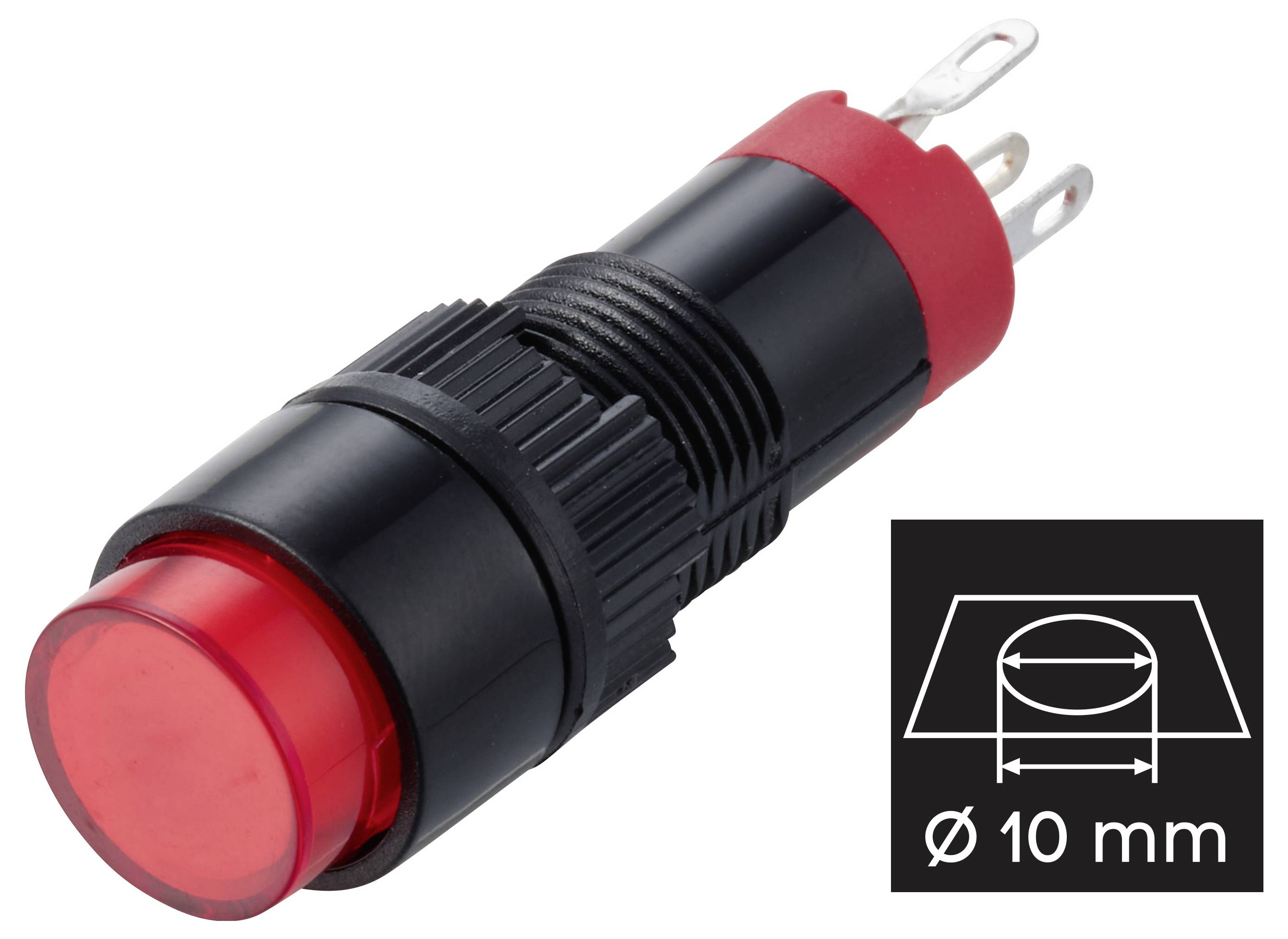 Bouton poussoir noir à montage en panneau avec lentille rouge et trois bornes métalliques ; l'encadré montre le diamètre du trou de montage de 10 mm.