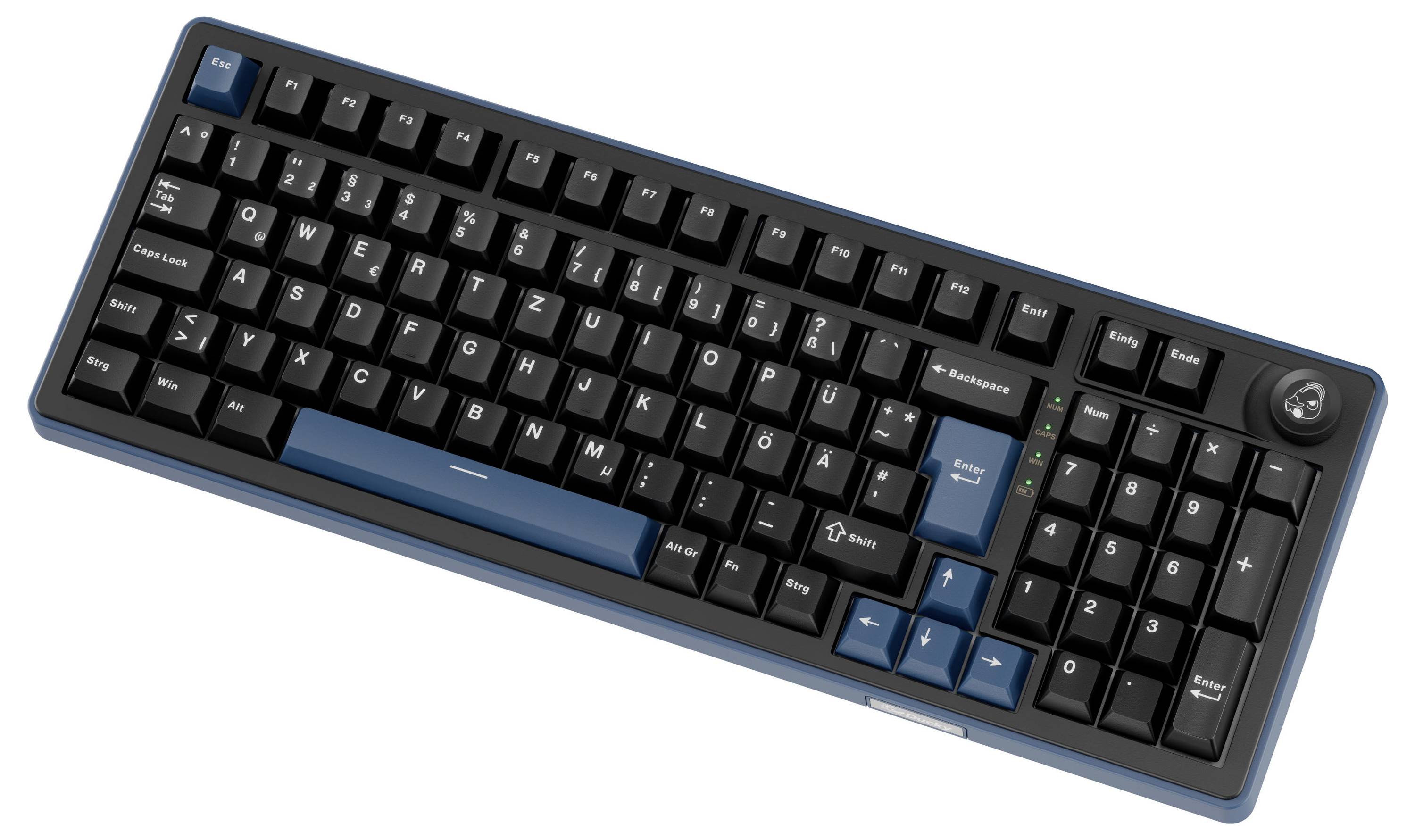 Clavier filaire noir de taille complète avec accents bleus, incluant pavé numérique, touches fléchées et contrôles multimédias.