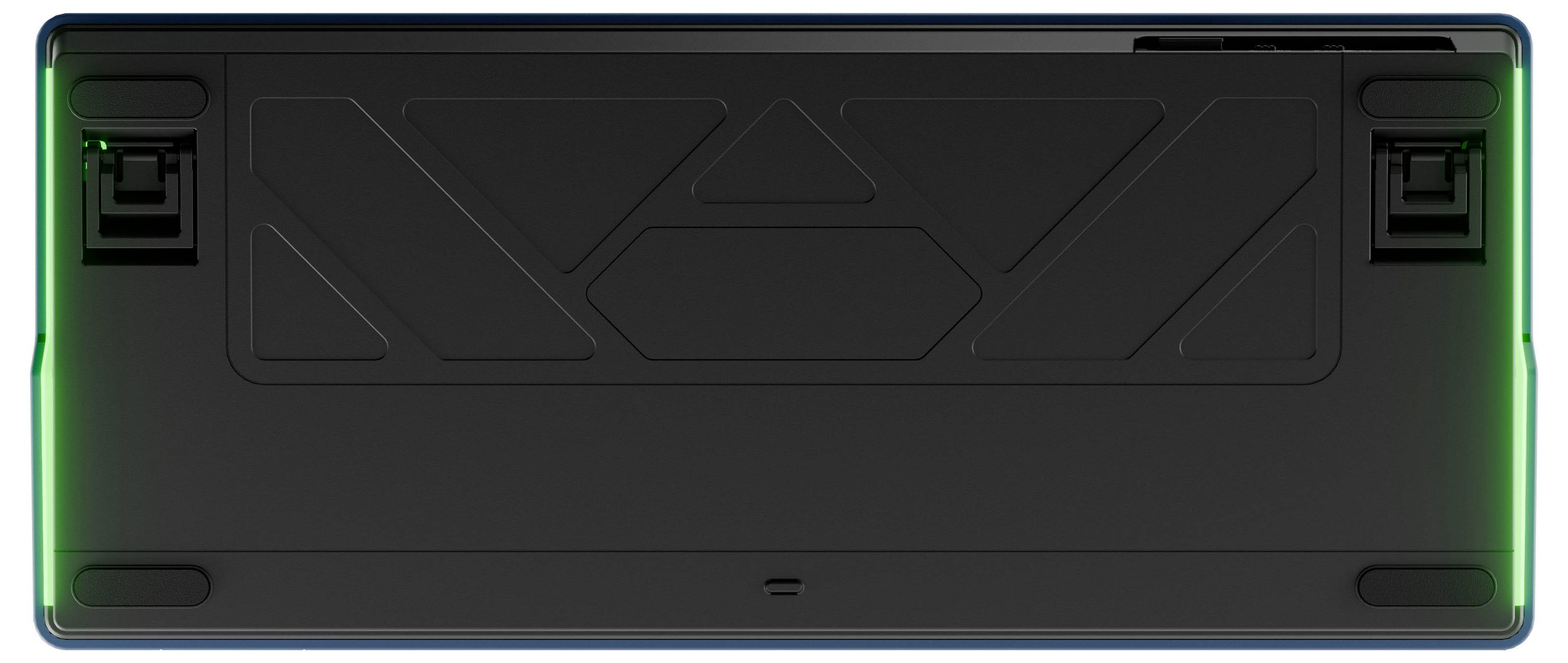 Vue arrière d'un étui noir pour appareil électronique ou tablette avec panneaux texturés, clips de coin et une petite ouverture de fente centrale.