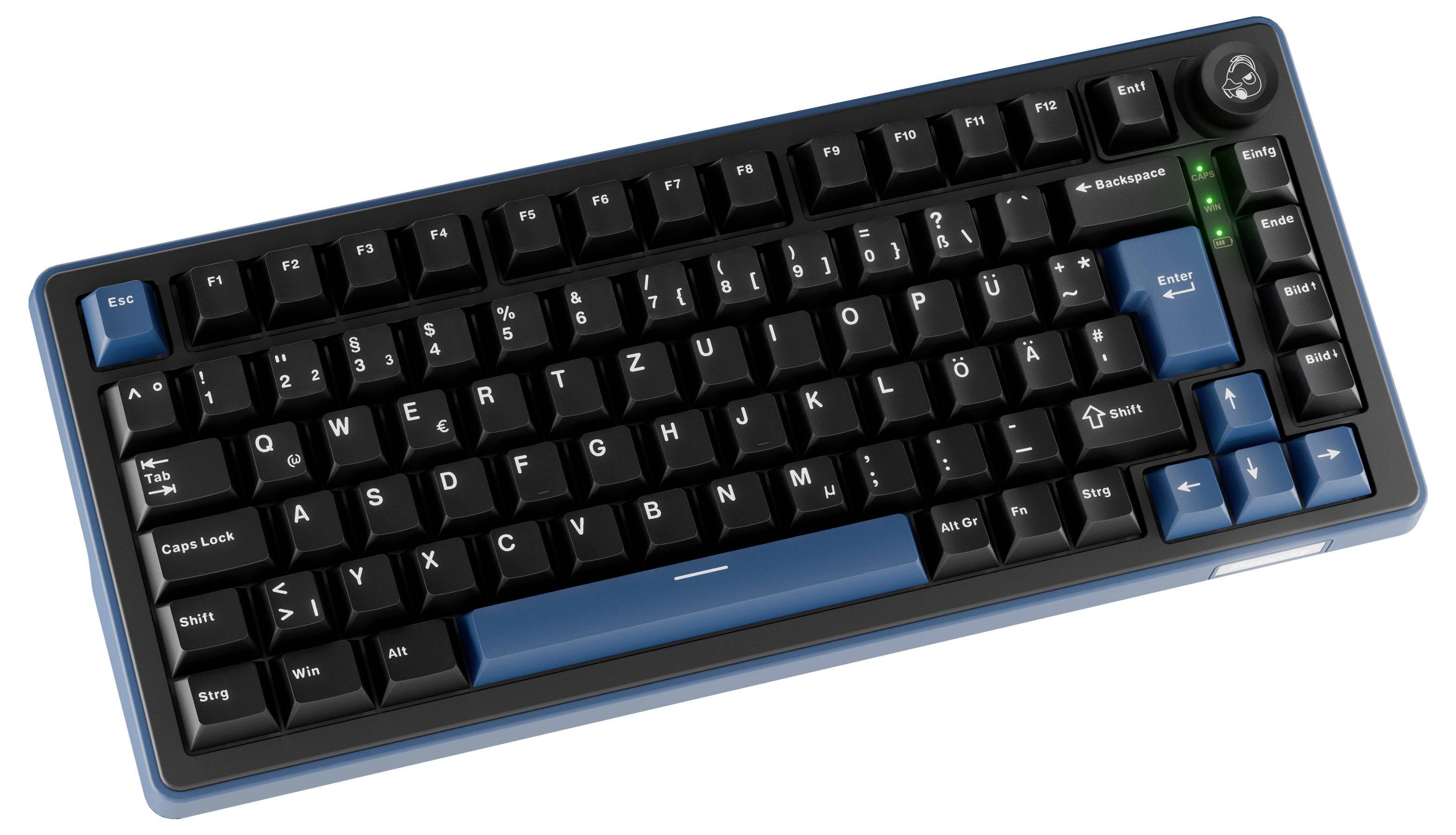 Clavier mécanique compact noir et bleu présenté en angle, avec des touches rétroéclairées blanches et un petit bouton de volume dans le coin supérieur droit.