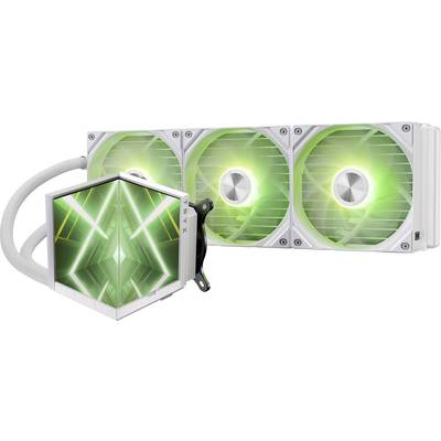 Un système de refroidissement liquide pour ordinateur au design futuriste, comportant trois ventilateurs connectés et un bloc de pompe brillant avec des lumières vertes et blanches.
