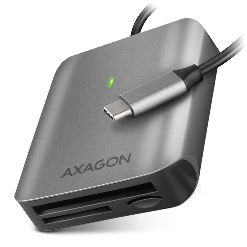 Dispositif de stockage externe AXAGON USB-C avec un câble USB-C connecté et un voyant d'état vert sur un boîtier gris.