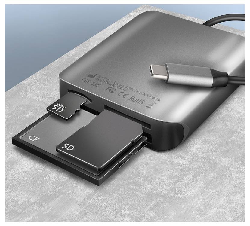 Lecteur de cartes portable avec câble USB-C et emplacements pour cartes mémoire CF, SD et microSD