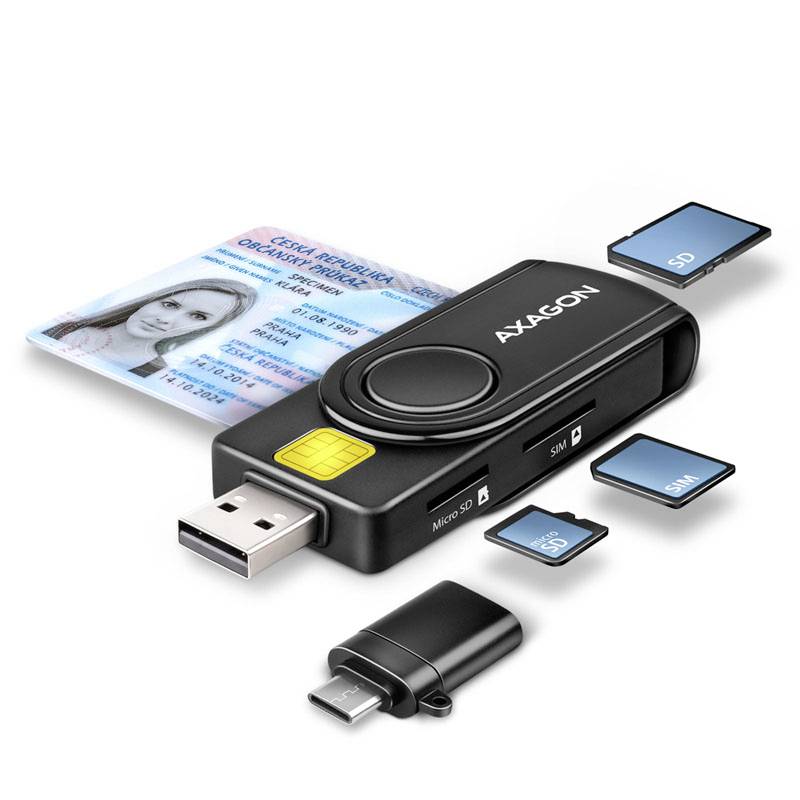 Lecteur de cartes USB AXAGON noir avec connecteurs USB-A et micro-USB, présenté avec des cartes SD, microSD et une carte d'identité pour indiquer la prise en charge des cartes mémoire multi-formats.