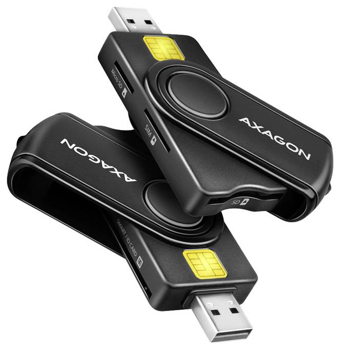 Deux clés USB AXAGON noires avec des connecteurs argentés et des fentes pour carte SIM jaunes sont croisées sur un fond blanc.