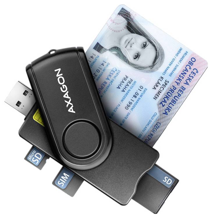 Un lecteur de cartes USB avec emplacements SD, microSD et SIM, présenté avec une carte mémoire et un passeport, indiquant un stockage de données et de documents portable.