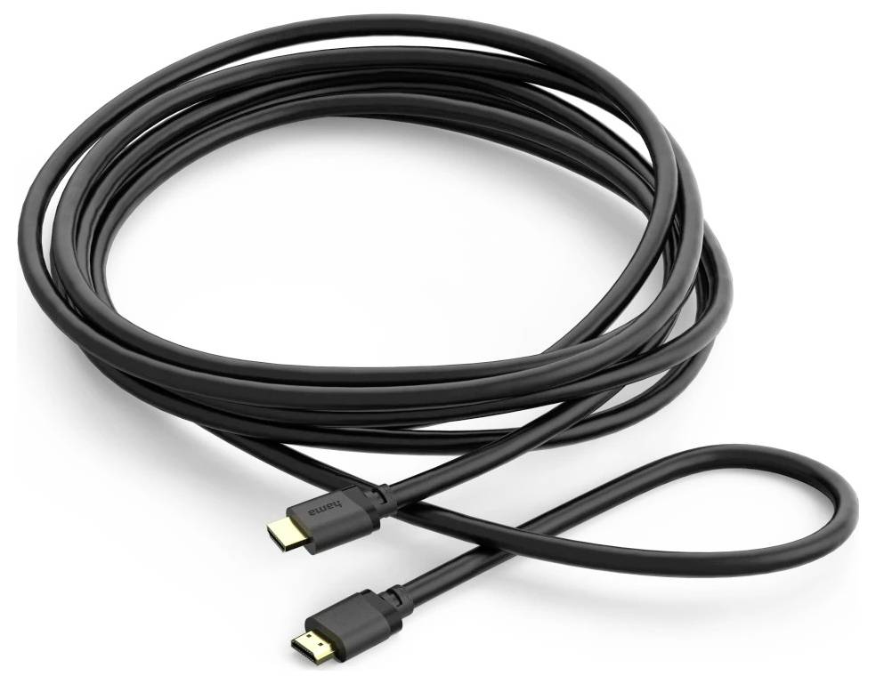 Un câble HDMI noir enroulé avec des connecteurs standard aux deux extrémités, adapté à la transmission audio et vidéo.