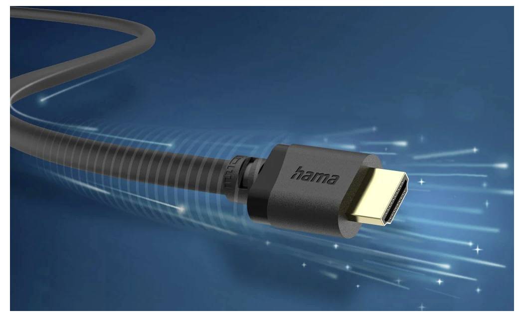 Un câble HDMI noir avec un connecteur doré portant l'étiquette « hama » est présenté avec un motif numérique en arrière-plan, indiquant une transmission de données.
