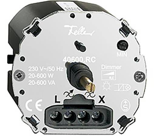 Un variateur de lumière avec paramètres pour 230V, 50Hz, 20-600W, 20-600VA, portant le marquage CE et des bornes de connexion L, X, et un symbole de flèche.
