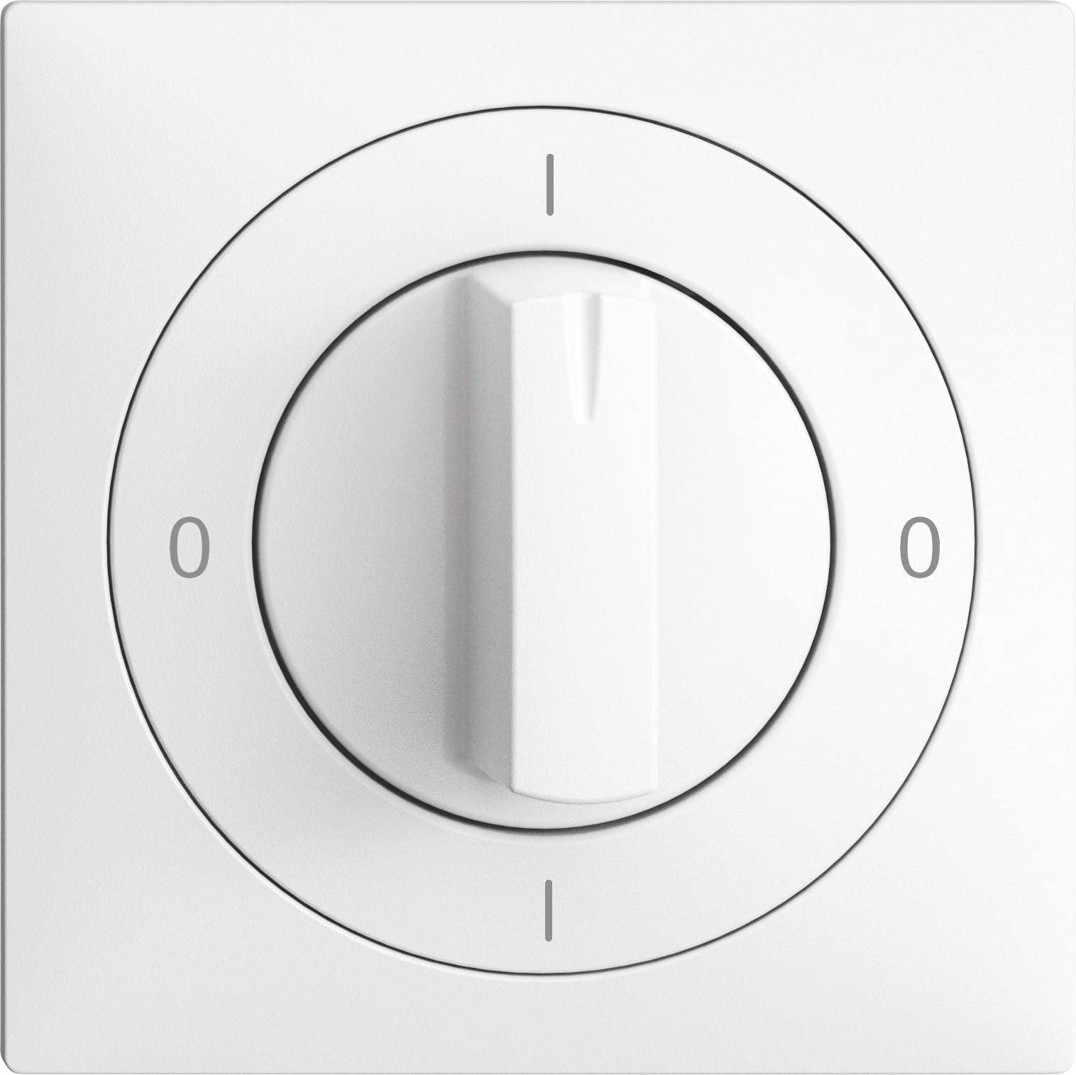 Un commutateur rotatif blanc avec des marquages « 0 », « 1 », « 0 », indiquant une commande marche-arrêt en position neutre sur un fond blanc.