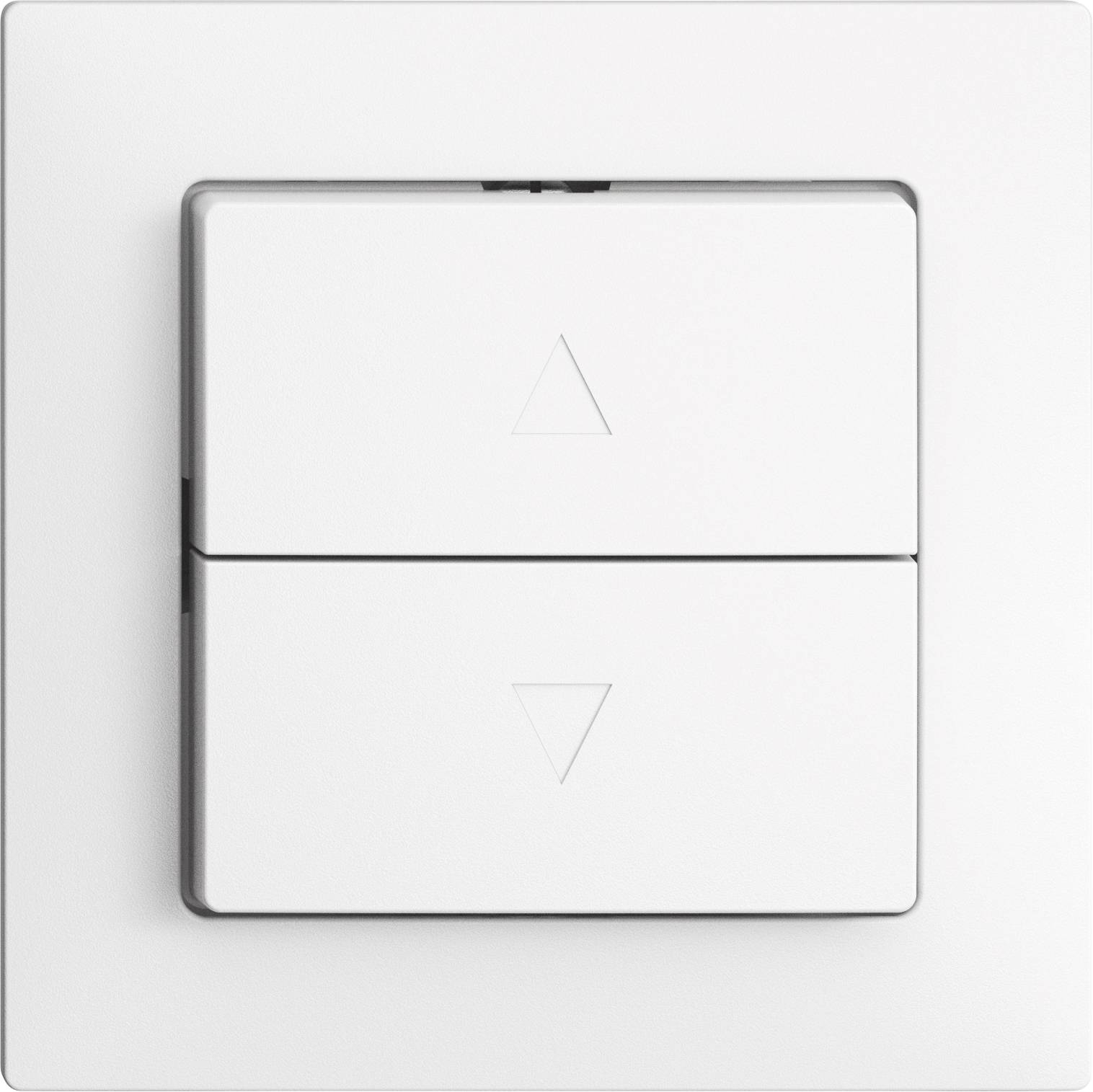 Un interrupteur double blanc avec des icônes triangulaires pointant vers le haut et vers le bas, monté sur une plaque de recouvrement carrée blanche.