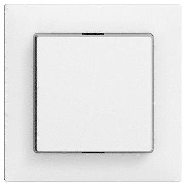 Un interrupteur électrique blanc, de forme carrée, sur un mur blanc assorti, montré en position d'arrêt.