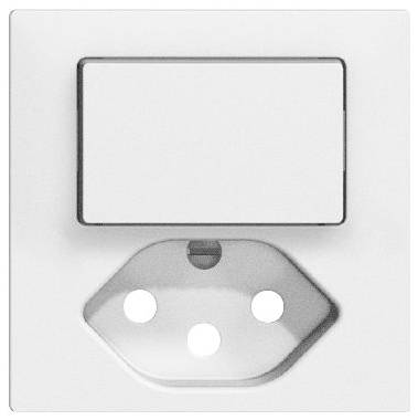 Une prise murale blanche dotée de trois trous ronds, adaptée à une fiche de type L, avec un interrupteur rectangulaire au-dessus.