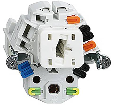 Un connecteur électrique modulaire multicolore avec différents ports d'entrée de fils et des vis pour sécuriser les connexions.