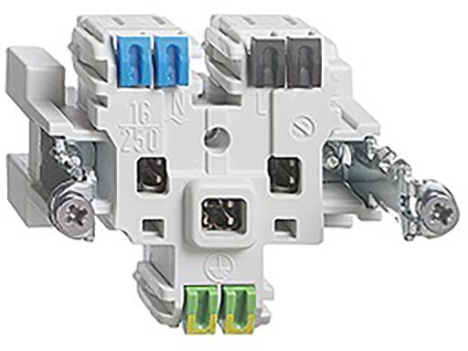 Bloc de bornes avec connexions à vis double, présentant des ports étiquetés en bleu, gris et vert/jaune pour l'installation des fils.
