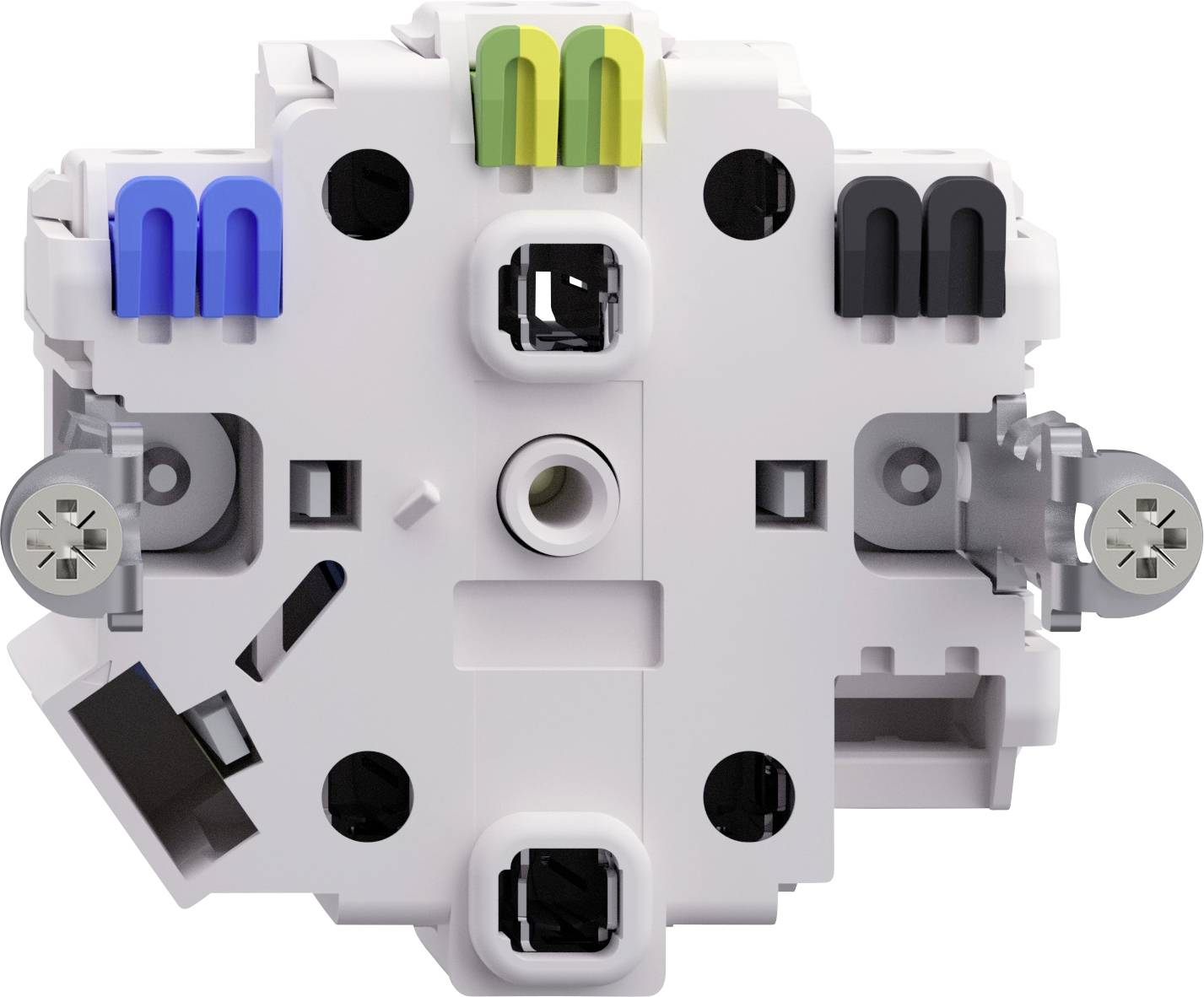 Un gros plan d'un composant de circuit électronique avec des points de connexion bleus, verts, jaunes et noirs, possiblement un bloc de bornes.