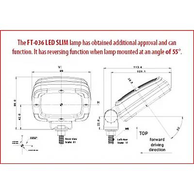 Dessin technique d'une lampe LED FT-036 SLIM montrant les vues de face et de côté, les dimensions et l'angle de montage ; la note indique qu'elle a une fonction de commutation lorsqu'elle est montée à 55°.