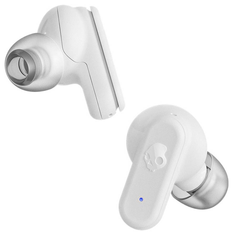 Écouteurs sans fil blancs au design épuré, dotés d'embouts auriculaires en silicone gris et d'un petit indicateur LED bleu sur un écouteur.