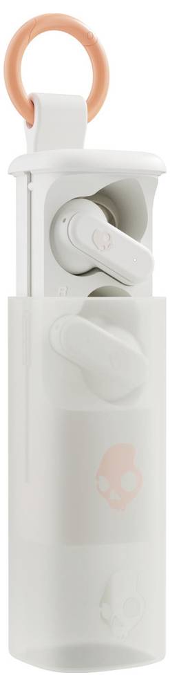 Écouteurs sans fil portables dans un étui de charge blanc avec une boucle de transport orange. Logo crâne visible sur l'étui et les écouteurs.