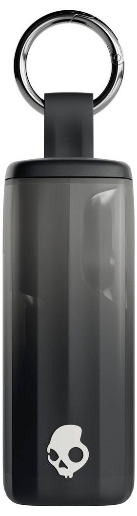 Un haut-parleur portable rectangulaire noir avec une poignée circulaire en métal et un logo de crâne sur le devant.