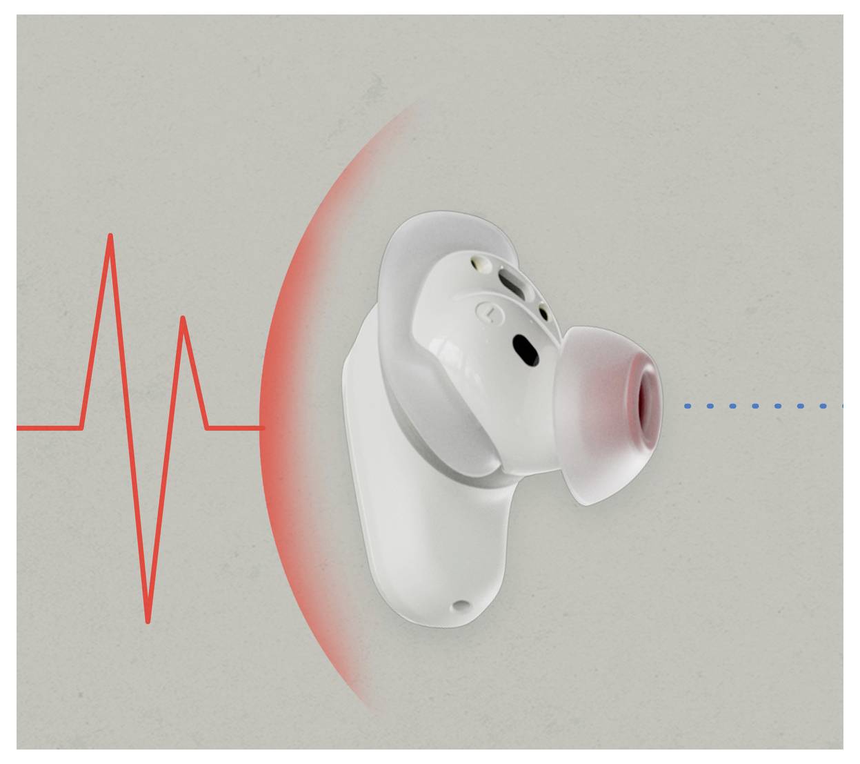 Un petit écouteur blanc avec un embout rose émet du son, représenté par des ondes sonores rouges et une ligne pointillée bleue, sur un fond gris.