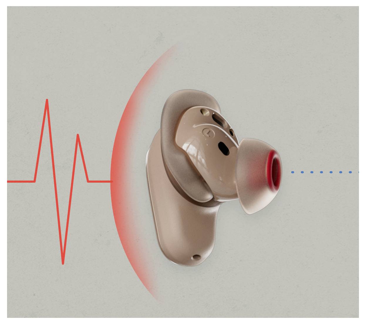 Appareil auditif sur un fond gris avec une ligne de battement cardiaque rouge suggérant des capacités d'analyse sonore ou de surveillance.